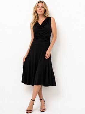 Joseph Ribkoff Cowl Neck Midi Dress Sleeveless Ruched Black Size 10